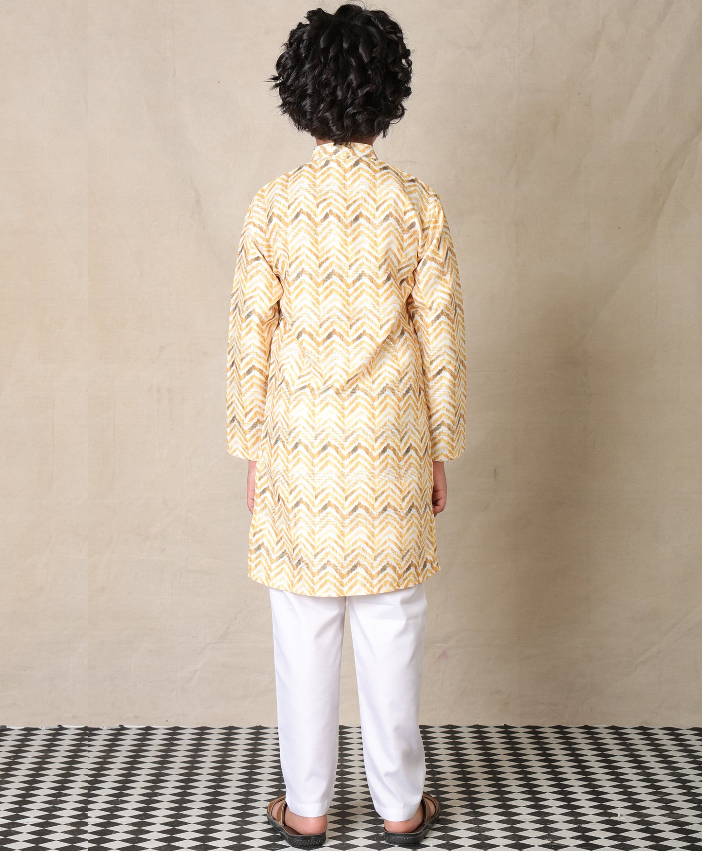 YELLOW PRINTED THREAD EMBROIDERED PURE COTTON KURTA WITH WHITE COTTON PAJAMA - SET OF 2