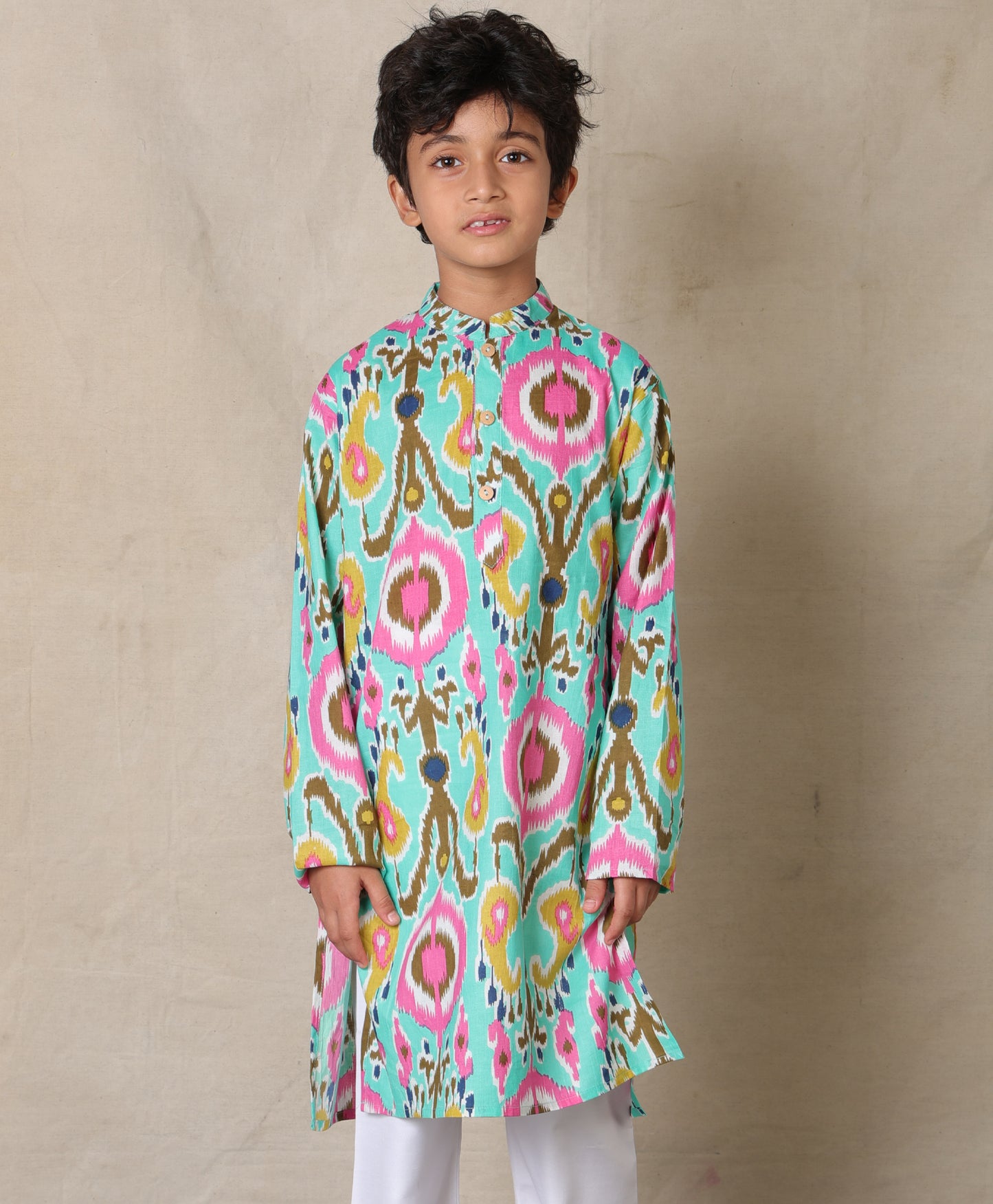 AQUA IKAT PRINTED PURE COTTON KURTA - AQUA