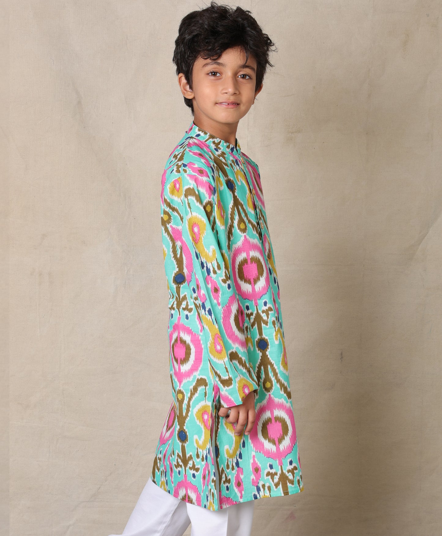 AQUA IKAT PRINTED PURE COTTON KURTA - AQUA