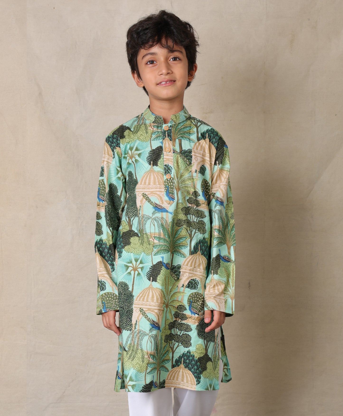 GREEN TEMPLE PRINTED PURE COTTON KURTA - GREEN