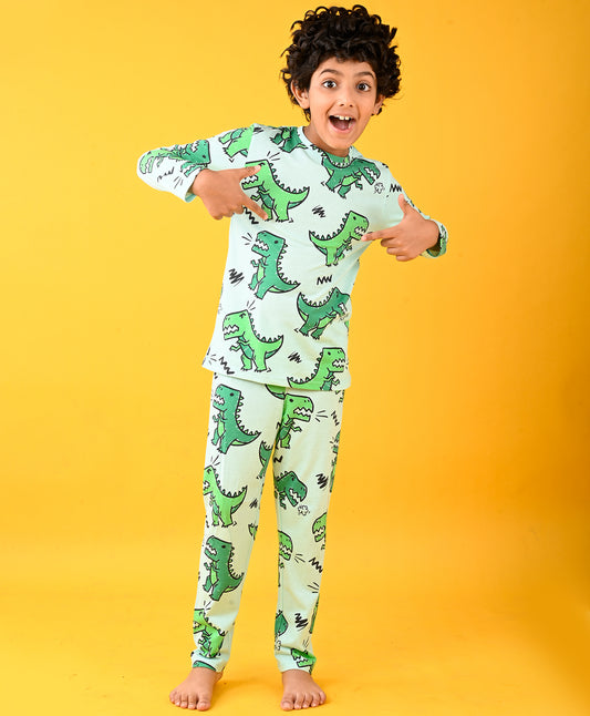 AQUA DINOSAUR LONG SLEEVES PYJAMA SET - AQUA