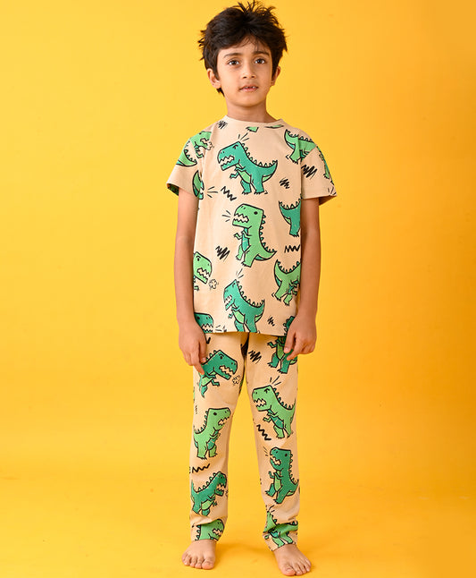 BIG DINOSAUR BEIGE SHORT SLEEVES PYJAMA SET - BEIGE