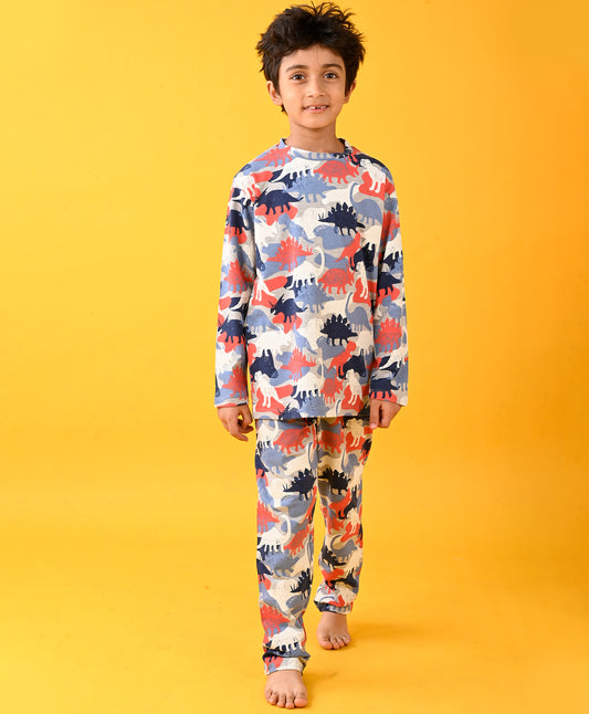 DINOSAUR GREY MELANGE LONG SLEEVE PYJAMA SET - GREY