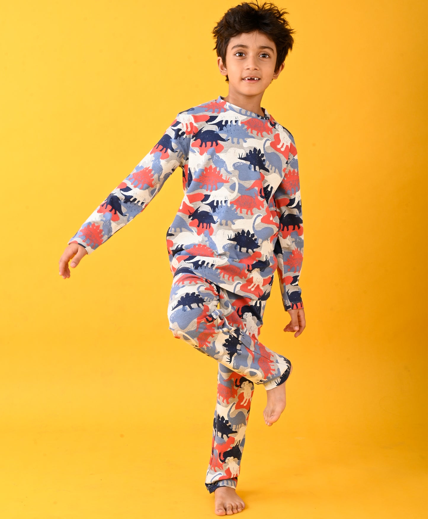 DINOSAUR GREY MELANGE LONG SLEEVE PYJAMA SET - GREY