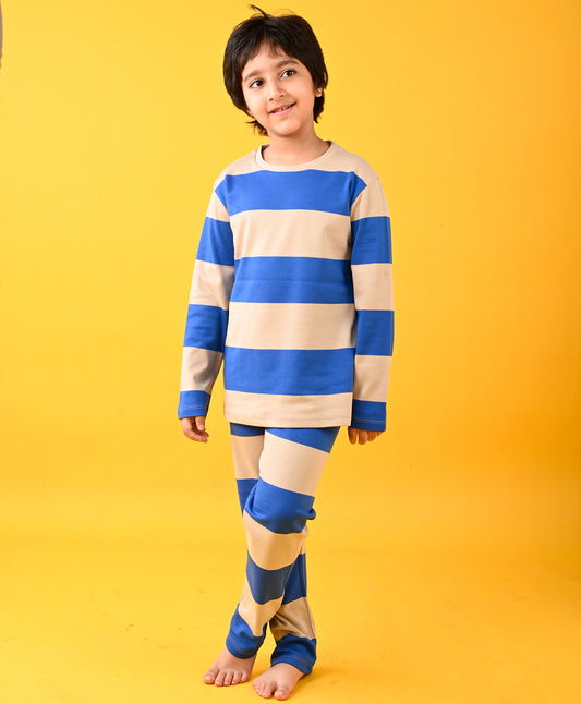 BLUE BEIGE STRIPED LONG SLEEVE PYJAMA SET - BLUE