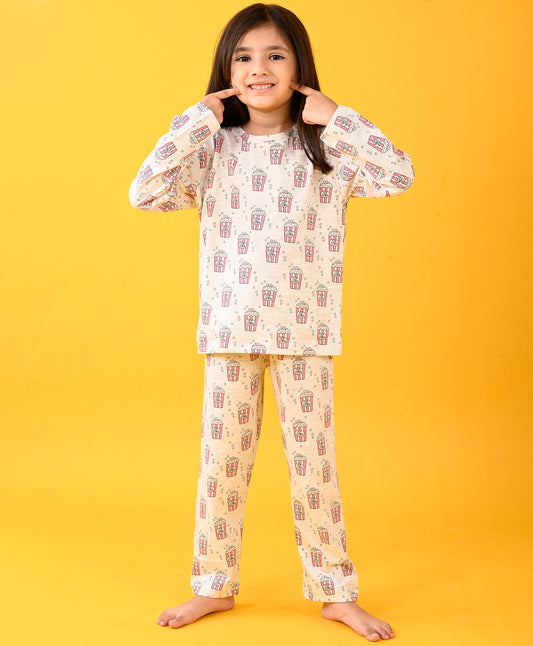 POPCORN GIRLS LONG SLEEVE PYJAMA SET - ECRU MELANGE