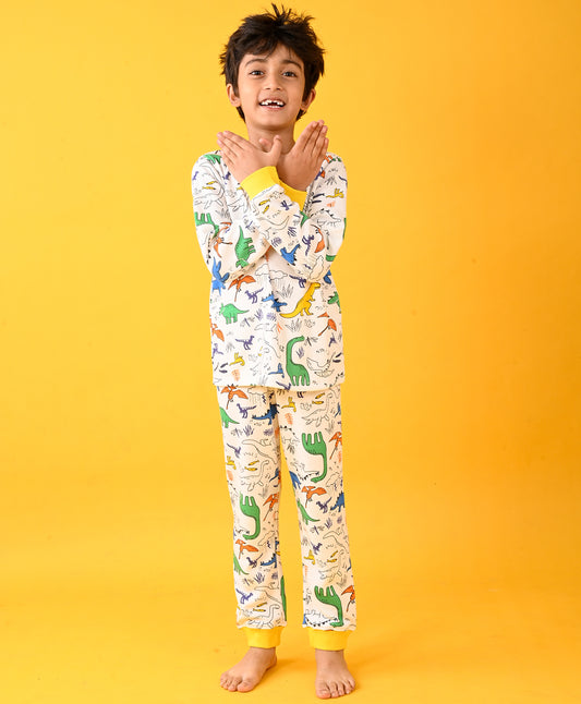 RAINING DINOSAUR THERMAL PYJAMA SET - OFF WHITE