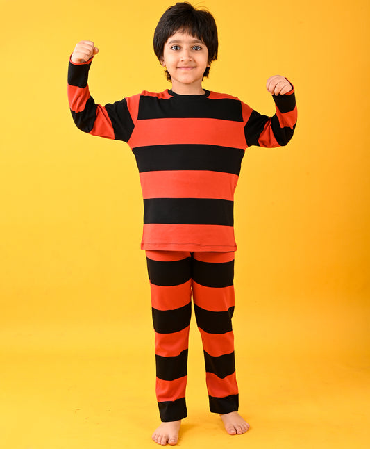 RED BLACK STRIPED LONG SLEEVE PYJAMA SET - RED