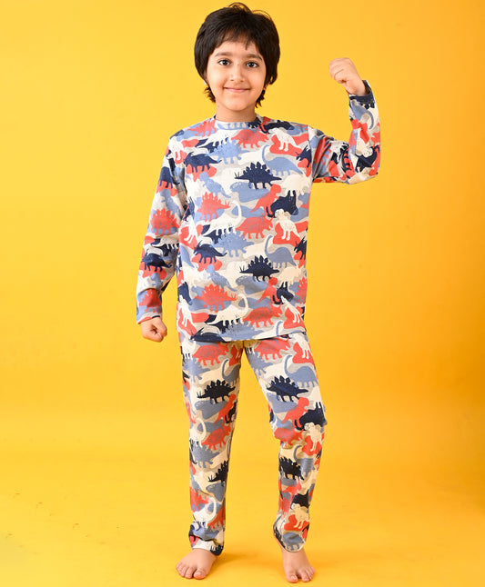 DINOSAUR GREY MELANGE FUN LONG SLEEVE PYJAMA SET - GREY