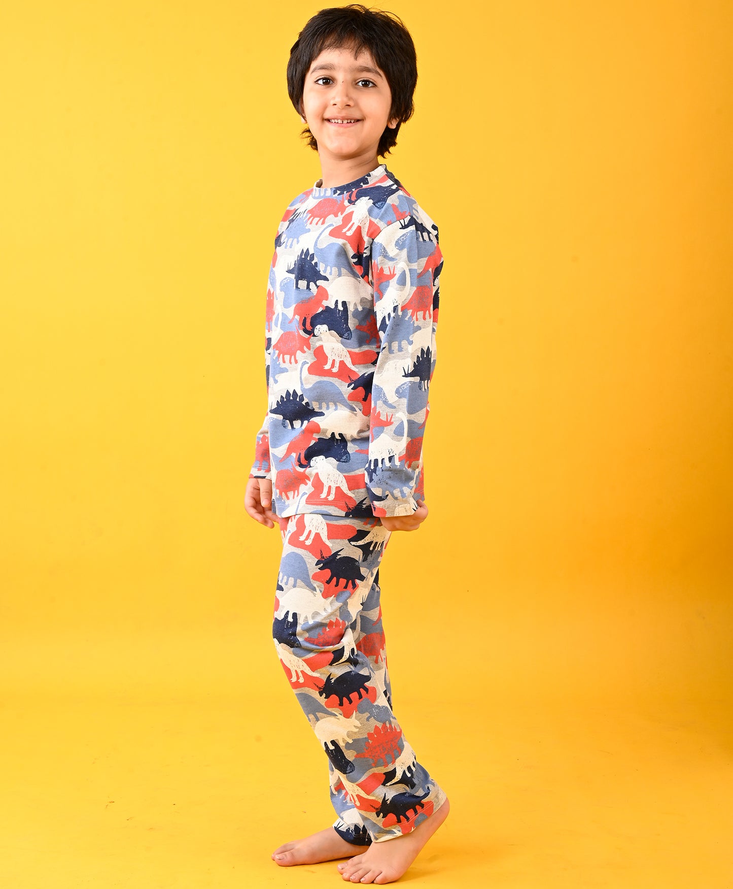 DINOSAUR GREY MELANGE FUN LONG SLEEVE PYJAMA SET - GREY