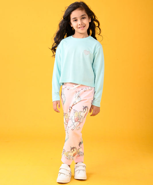 AQUA HEART T-SHIRT AND UNCIORN STAR FLEECE JOGGER SET - AQUA/PINK