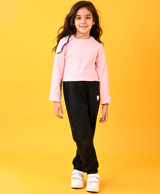 PINK RIBBED T-SHIRT AND BLACK HEART WARM FLEECE JOGGER SET - PINK/BLACK