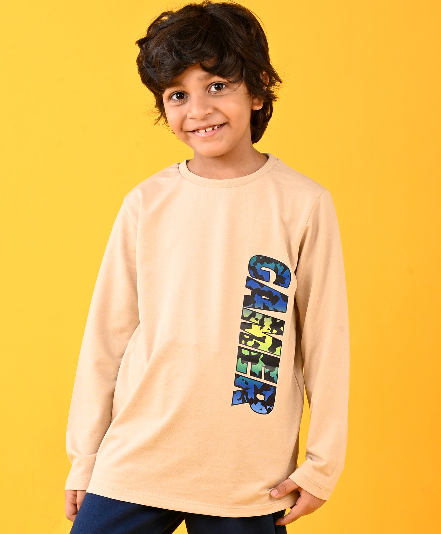 GAMER FUN BEIGE LONG SLEEVES BOYS T-SHIRT - BEIGE