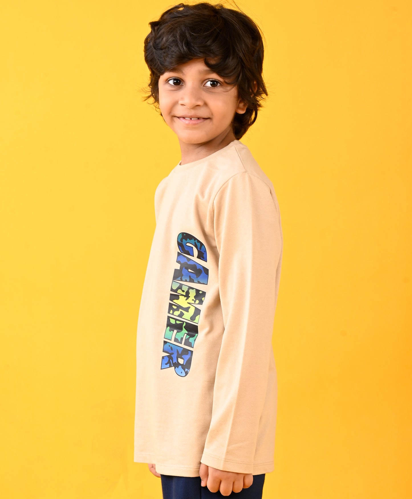 GAMER FUN BEIGE LONG SLEEVES BOYS T-SHIRT - BEIGE