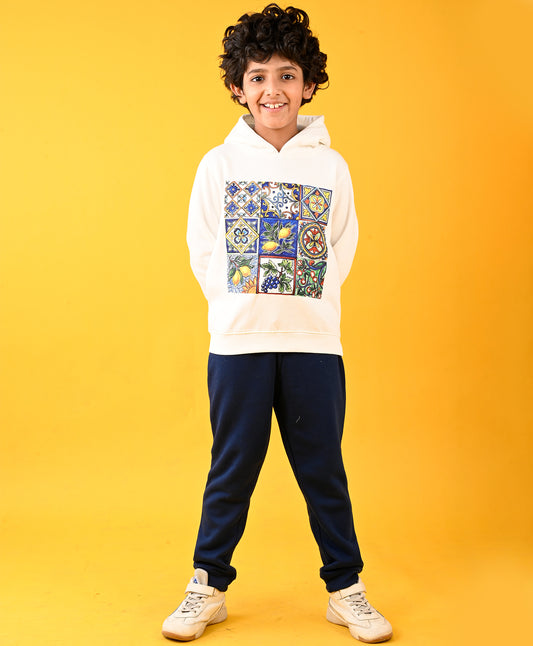 LEMON FUN VIBES FLEECE HOODIE AND WARM NAVY FLEECE JOGGER SET - WHITE/NAVY