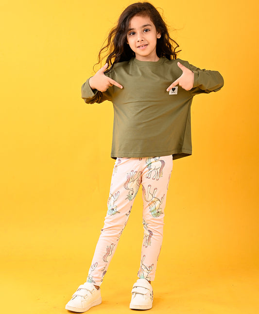 LOVE OLIVE GIRLS T-SHIRT AND PINK UNICORN STAR LEGGINGS SET - OLIVE/PINK