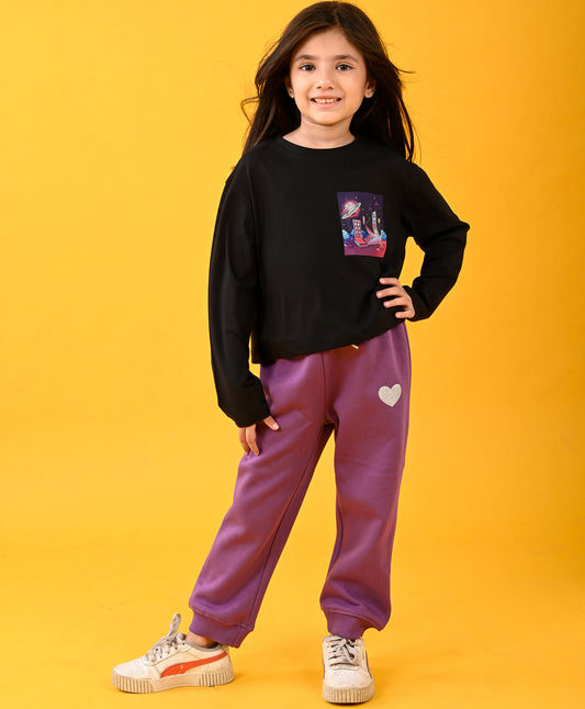 PLANET BLACK T-SHIRT AND PURPLE HEART WARM FLEECE JOGGER SET - BLACK/PURPLE