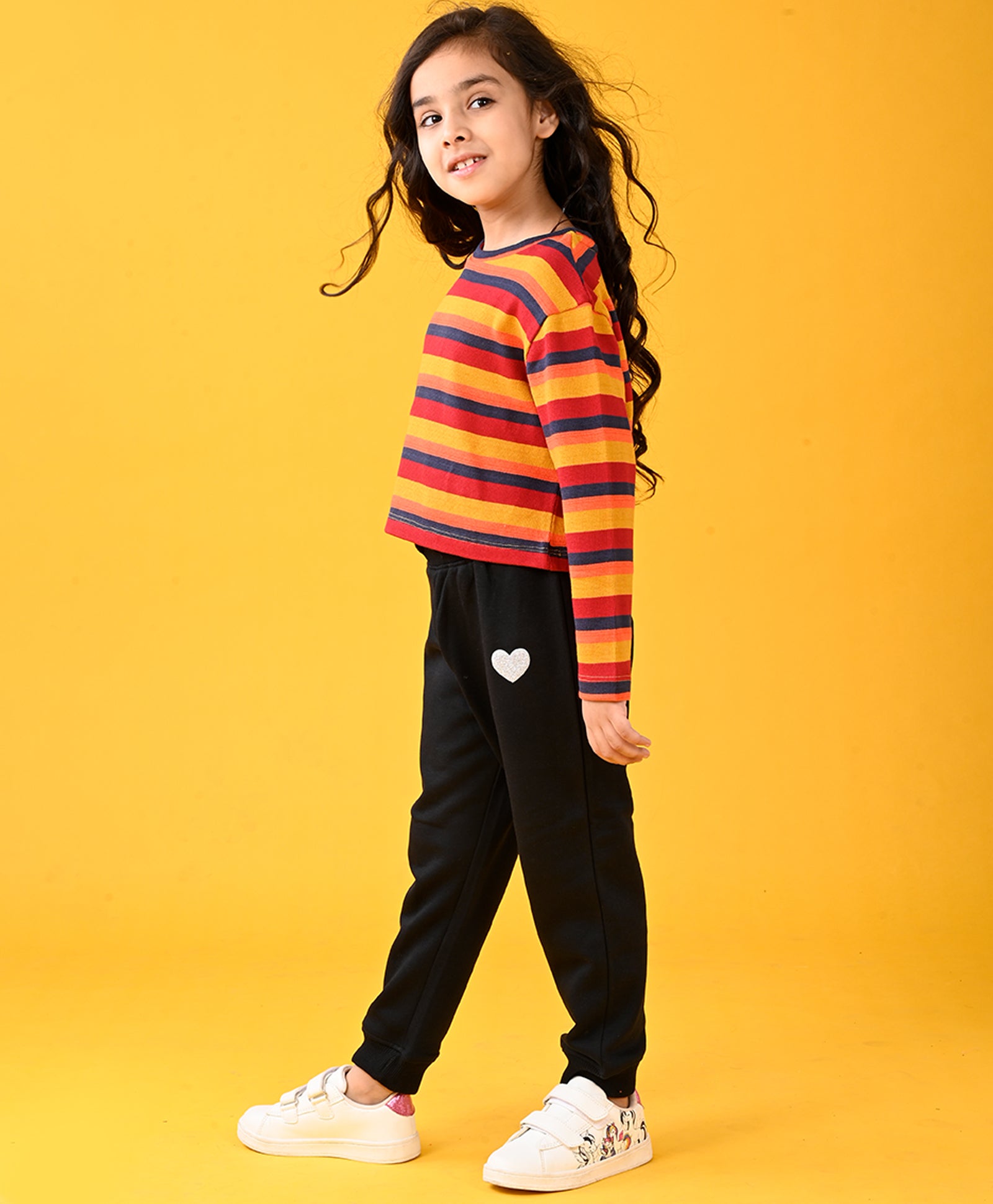 RED YELLOW STRIPED CROP TOP AND BLACK HEART FLEECE JOGGER SET YELLOW Anthrilo