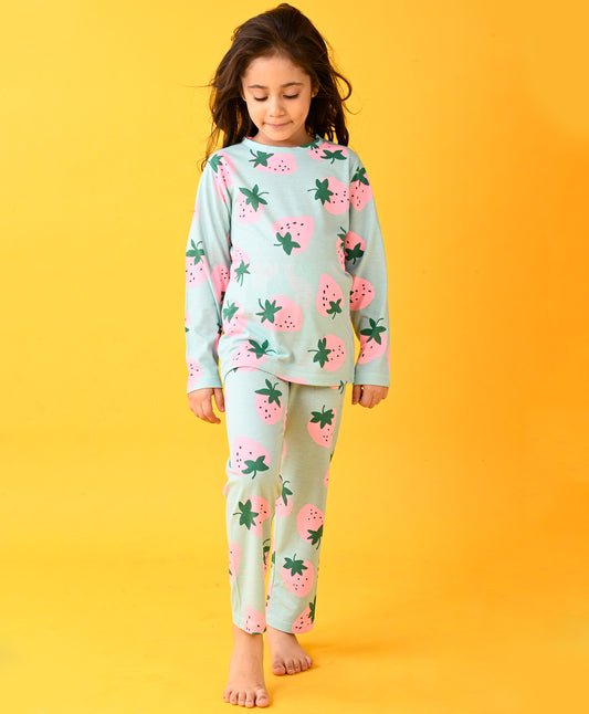 STRAWBERRY FUN LONG SLEEVE PYJAMA SET - AQUA