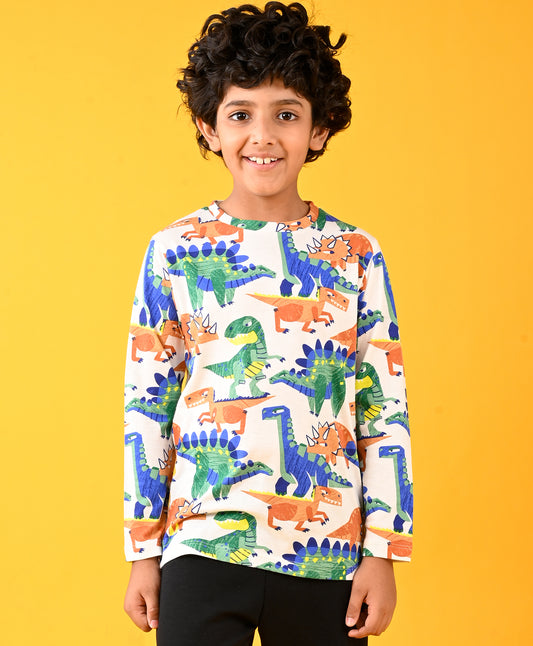 TRI DINOSAUR FUN WHITE LONG SLEEVES BOYS TSHIRT - WHITE