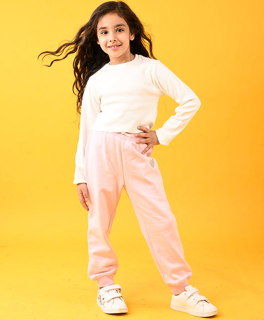 WHITE RIBBED LONG SLEEVES T-SHIRT AND PINK HEART FLEECE JOGGER SET - WHITE/PINK