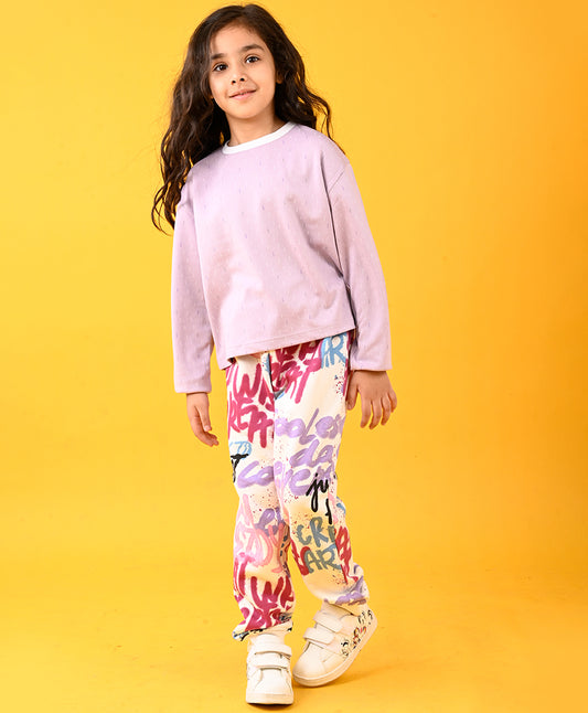 PURPLE DOTTED T-SHIRT AND CREATE ART FLEECE JOGGER SET - PURPLE/OFFWHITE