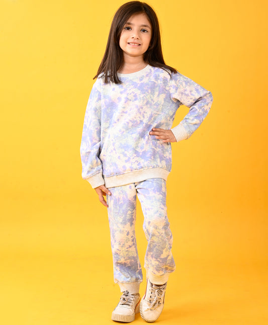 TIE DYE ECRU MELANGE FLEECE GIRLS SWEATSHIRT JOGGER SET - ECRU