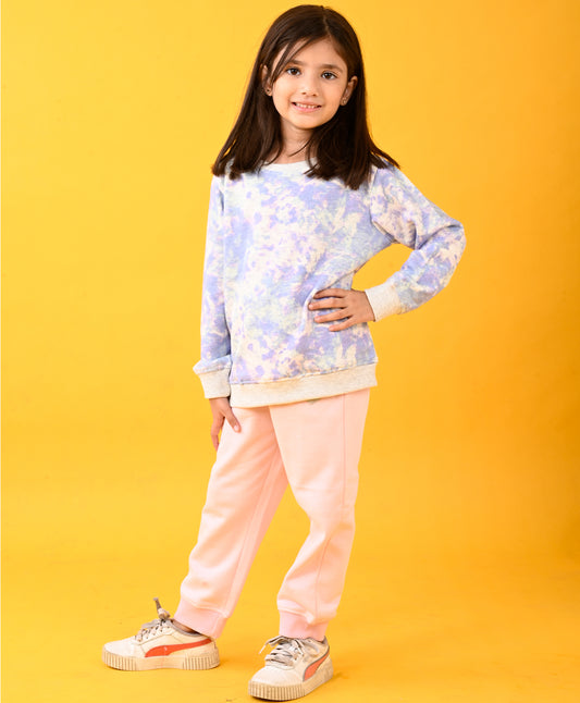 TIE DYE ECRU MELANGE FLEECE GIRLS SWEATSHIRT AND PINK HEART JOGGER SET - ECRU/PINK