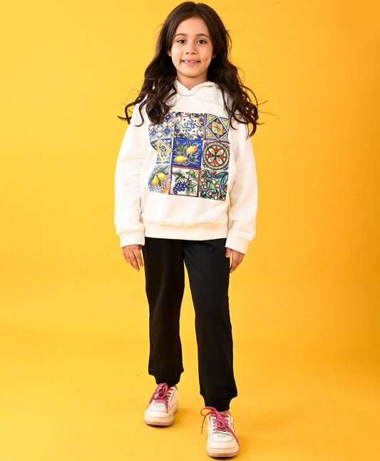 LEMON VIBES FLEECE GIRLS HOODIE AND BLACK JOGGER SET - WHITE/BLACK