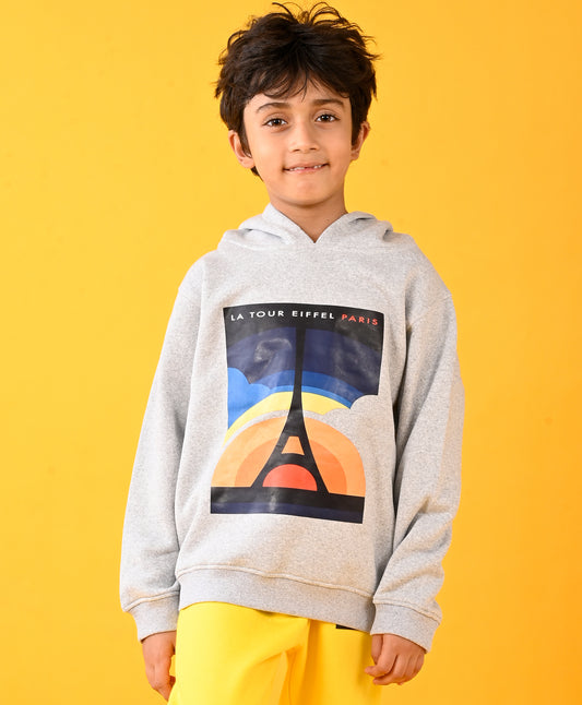 PARIS GREY MELANGE FLEECE BOYS HOODIE - GREY