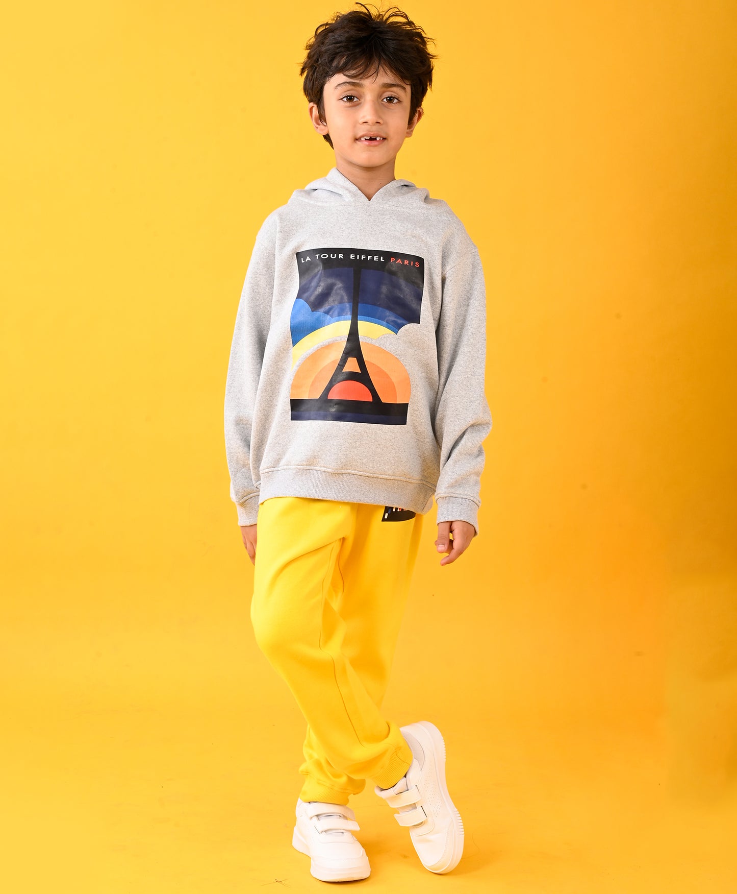 PARIS GREY MELANGE FLEECE HOODIE AND YELLOW FLEECE JOGGER SET - GREY/YELLOW