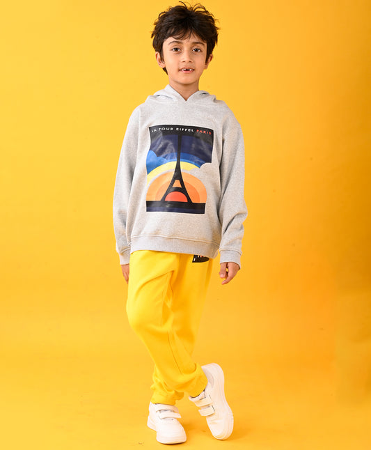 PARIS GREY MELANGE FLEECE HOODIE AND YELLOW FLEECE JOGGER SET - GREY/YELLOW