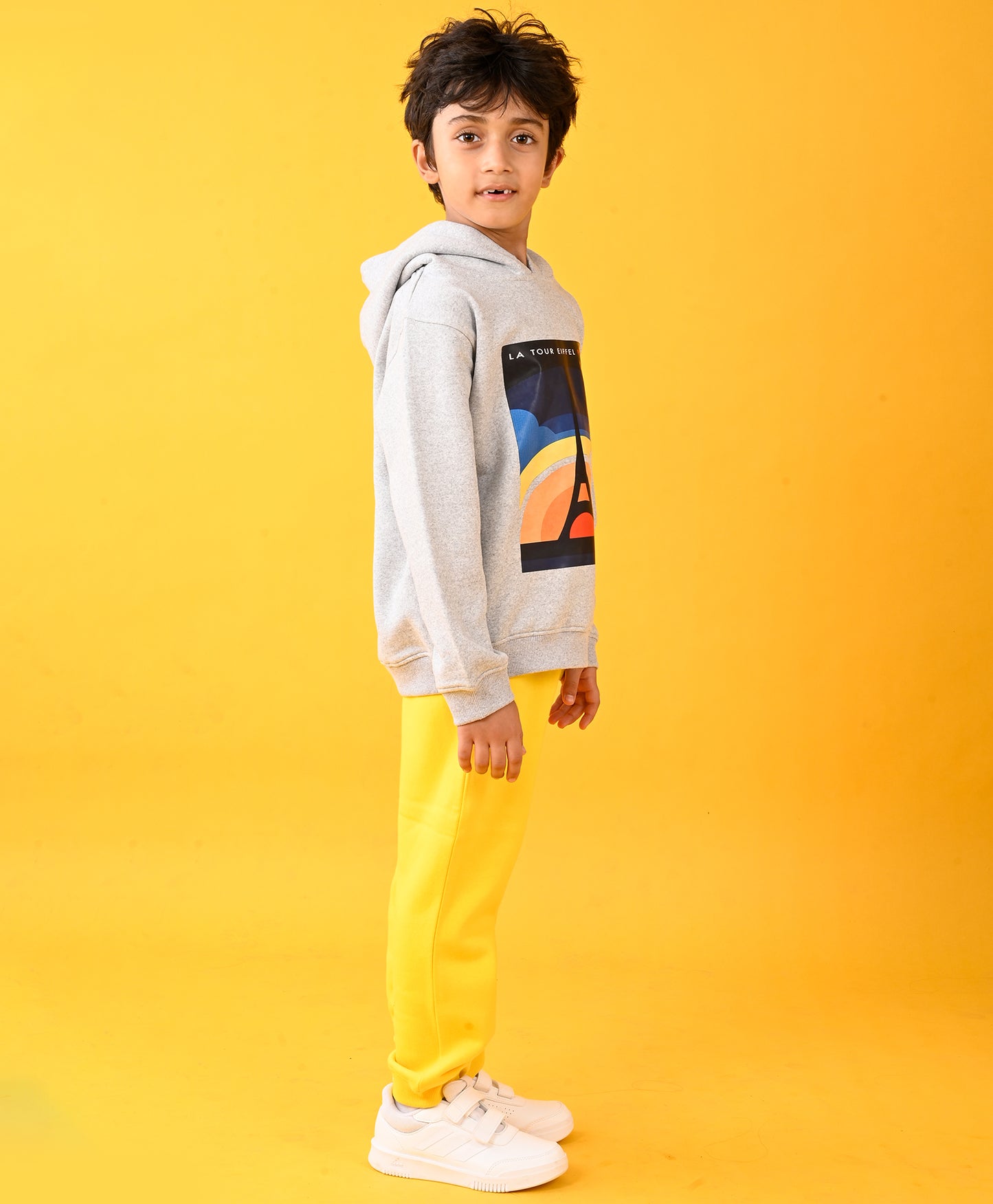 PARIS GREY MELANGE FLEECE HOODIE AND YELLOW FLEECE JOGGER SET - GREY/YELLOW