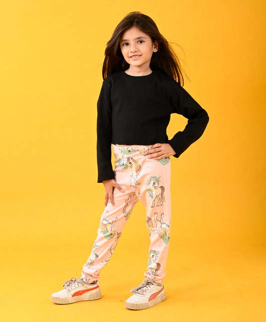 BLACK FUN RIBBED T-SHIRT AND UNICORN STAR LEGGINGS SET - BLACK/PINK