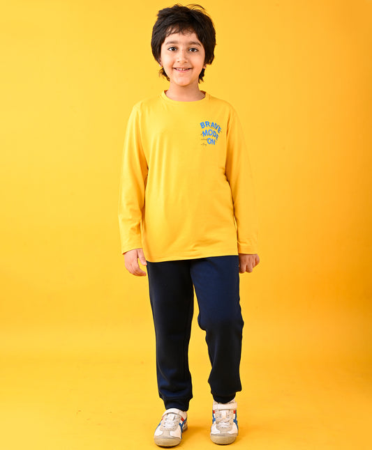 BRAVE MODE ON YELLOW T-SHIRT AND NAVY FLEECE JOGGER SET  - YELLOW / NAVY