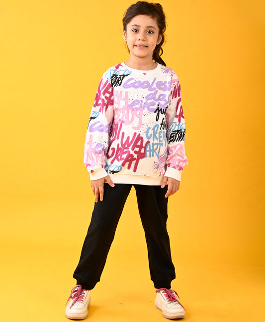 CREATE ART FUN FLEECE SWEATSHIRT AND BLACK JOGGER SET - WHITE/BLACK