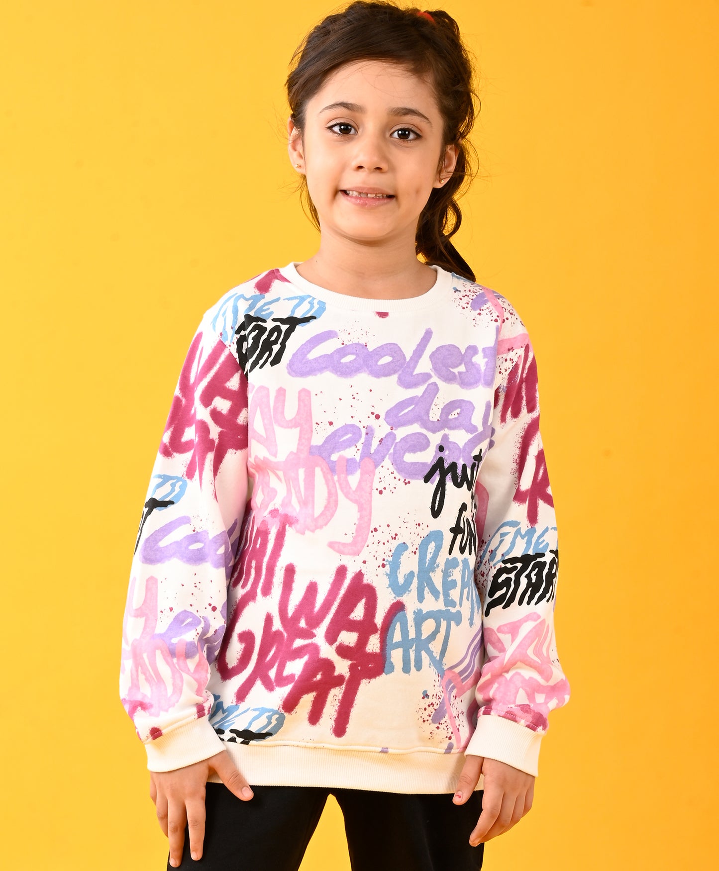 CREATE ART FUN WARM FLEECE GIRLS ROUND NECK SWEATSHIRT - WHITE