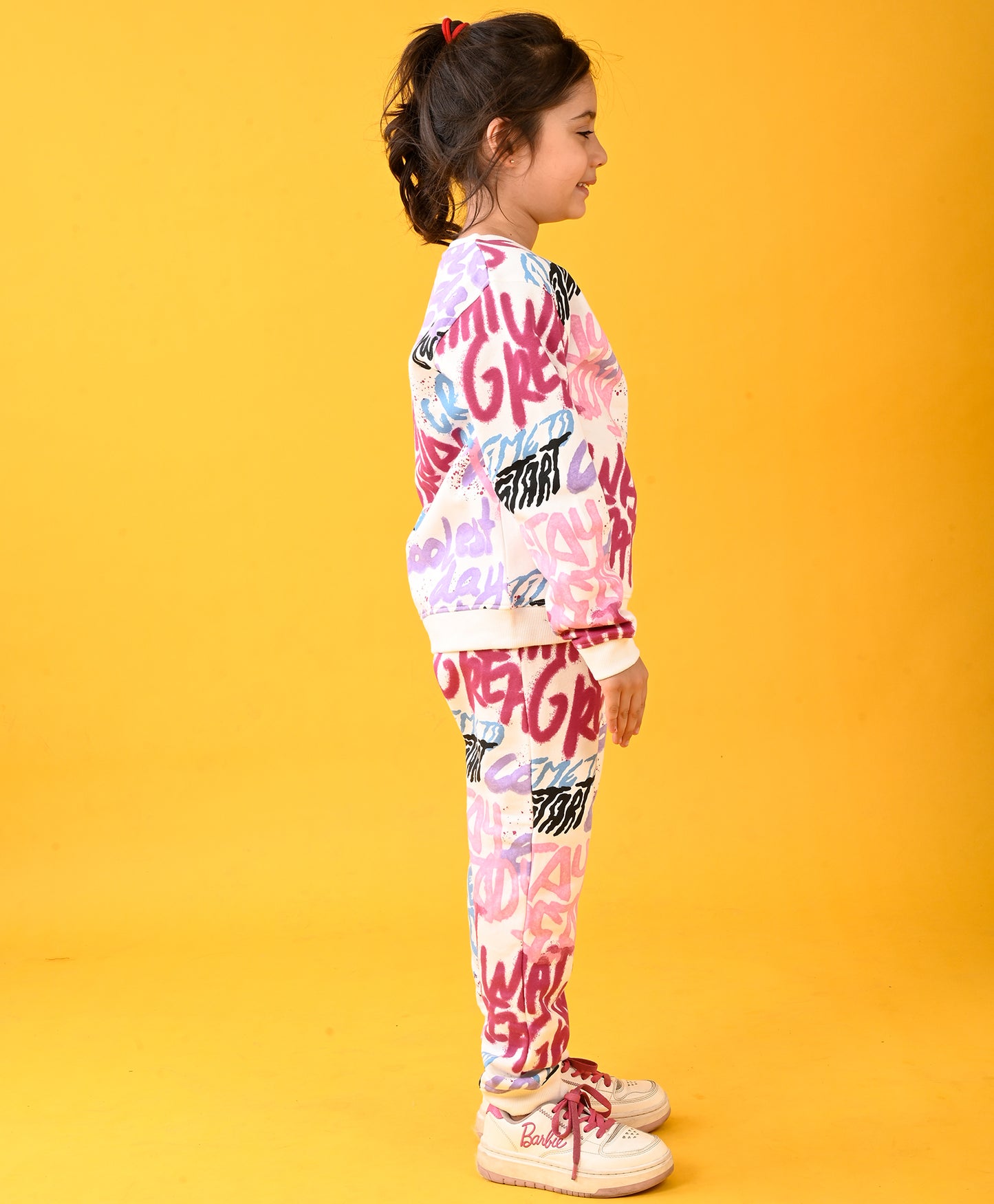 CREATE ART FUN WARM FLEECE GIRLS ROUND NECK SWEATSHIRT JOGGER SET - WHITE