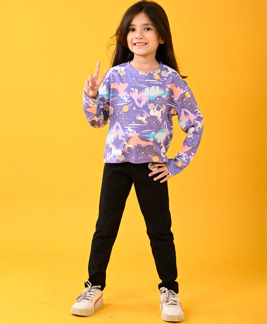 UNICORN PLANET FUN LONG SLEEVES T-SHIRT AND BLACK HEART JOGGER SET - PURPLE/BLACK