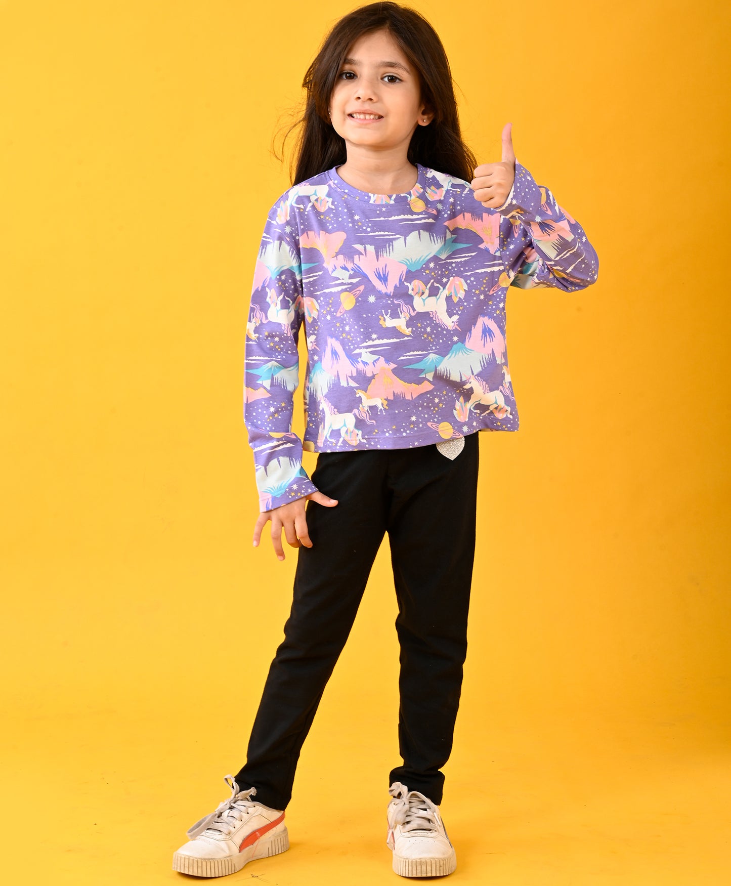 UNICORN PLANET FUN LONG SLEEVES T-SHIRT AND BLACK HEART JOGGER SET - PURPLE/BLACK