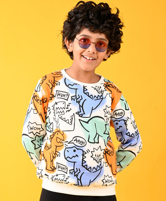 DINOSAUR WOW FUN FLEECE SWEATSHIRT - WHITE