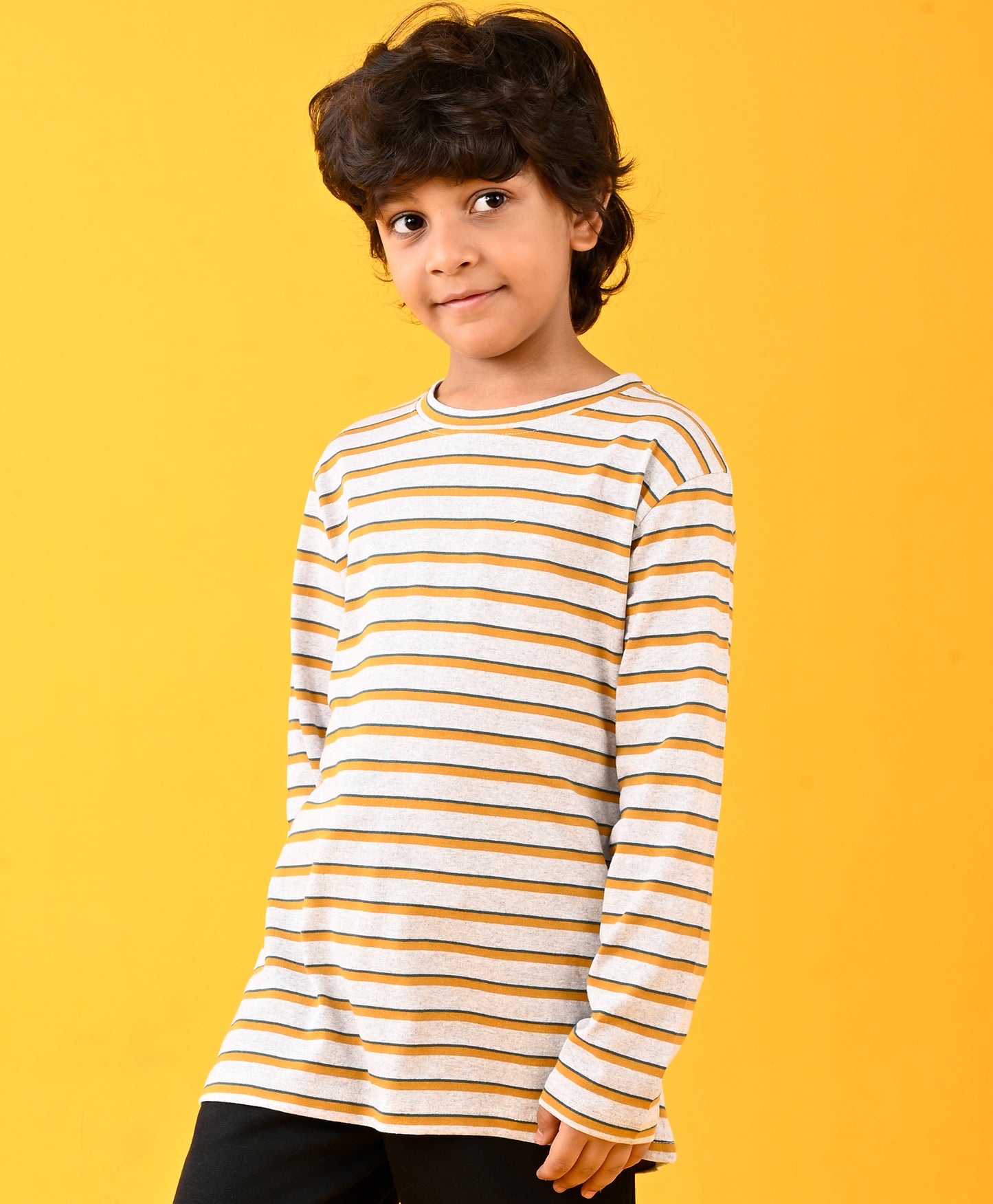 GREY YELLOW STRIPED LONG SLEEVES T-SHIRT - GREY