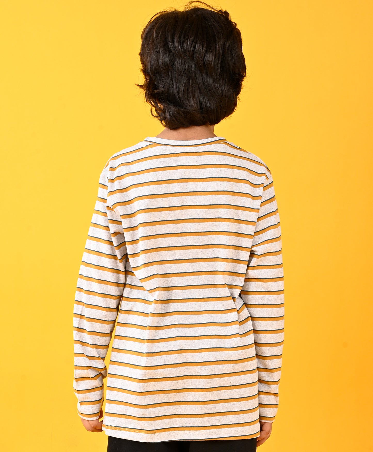 GREY YELLOW STRIPED LONG SLEEVES T-SHIRT - GREY