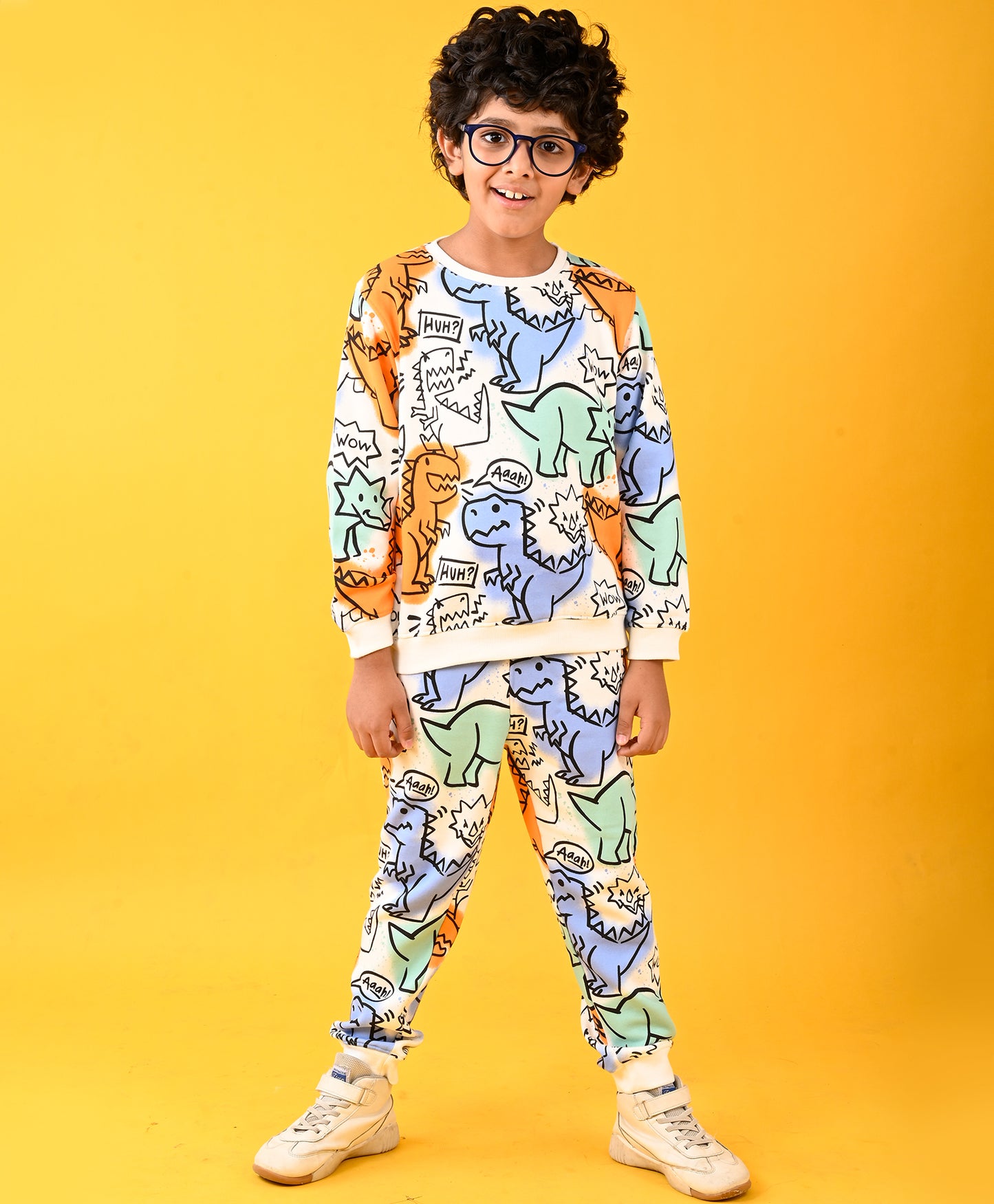 DINOSAUR WOW FUN FLEECE SWEATSHIRT JOGGER SET - WHITE