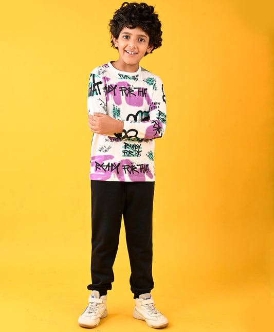 READY FOR THAT FUN LONG SLEEVES TSHIRT AND BLACK FLEECE JOGGER SET - WHITE/BLACK