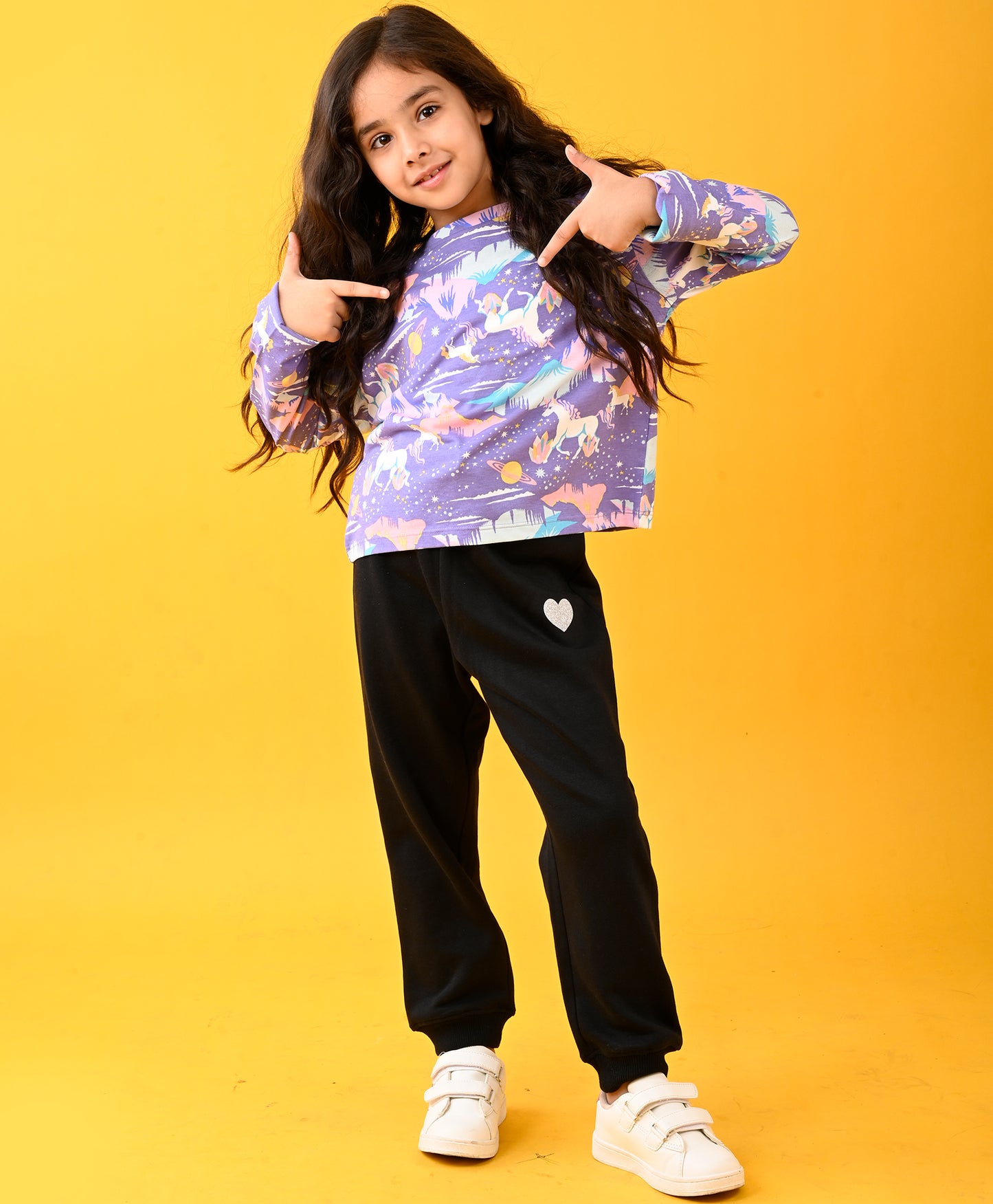 UNICORN PLANET LONG SLEEVES TSHIRT AND BLACK FLEECE JOGGER SET - PURPLE/BLACK