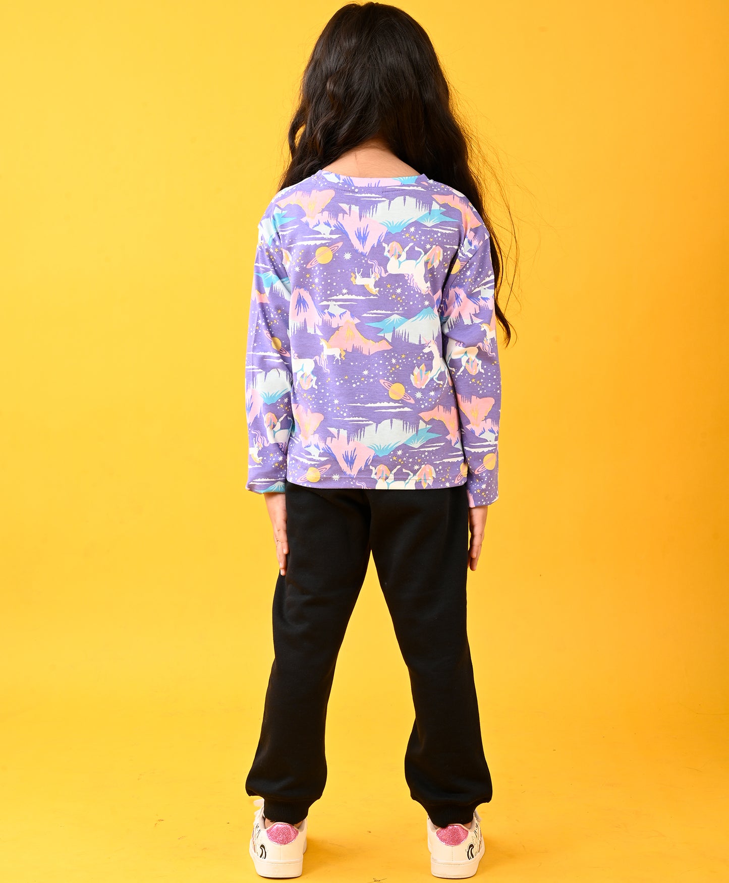 UNICORN PLANET LONG SLEEVES TSHIRT AND BLACK FLEECE JOGGER SET - PURPLE/BLACK