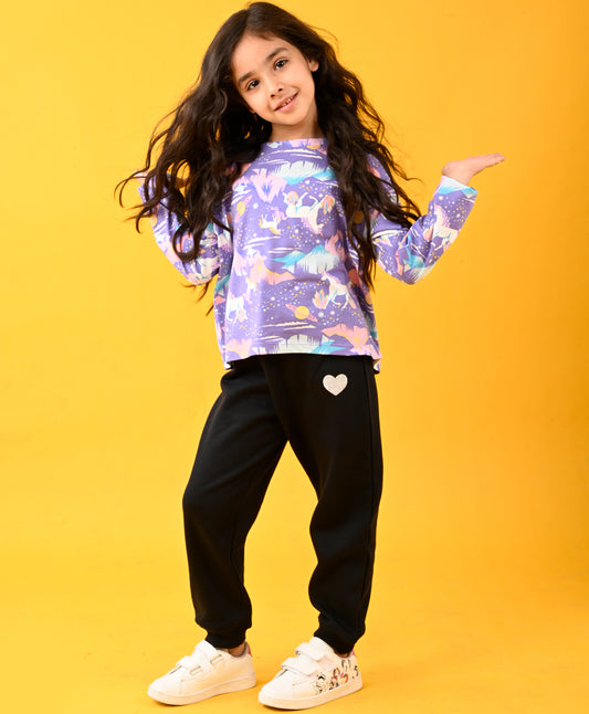 UNICORN PLANET LONG SLEEVES TSHIRT AND BLACK FLEECE JOGGER SET - PURPLE/BLACK