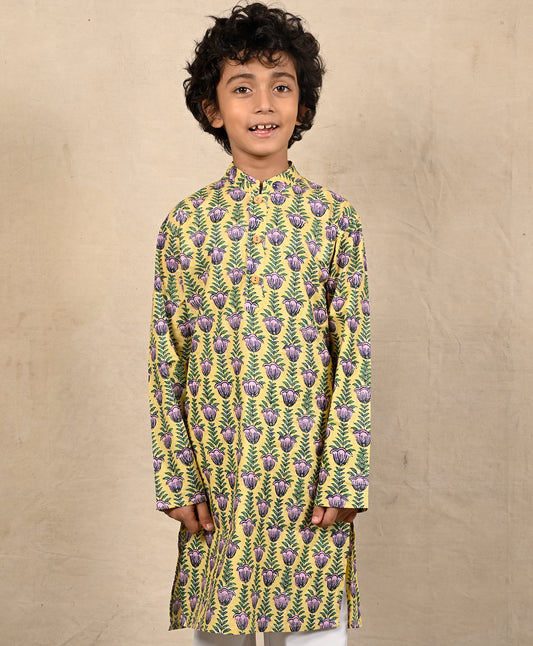 YELLOW BLOCK PRINT PURE COTTON KURTA - YELLOW