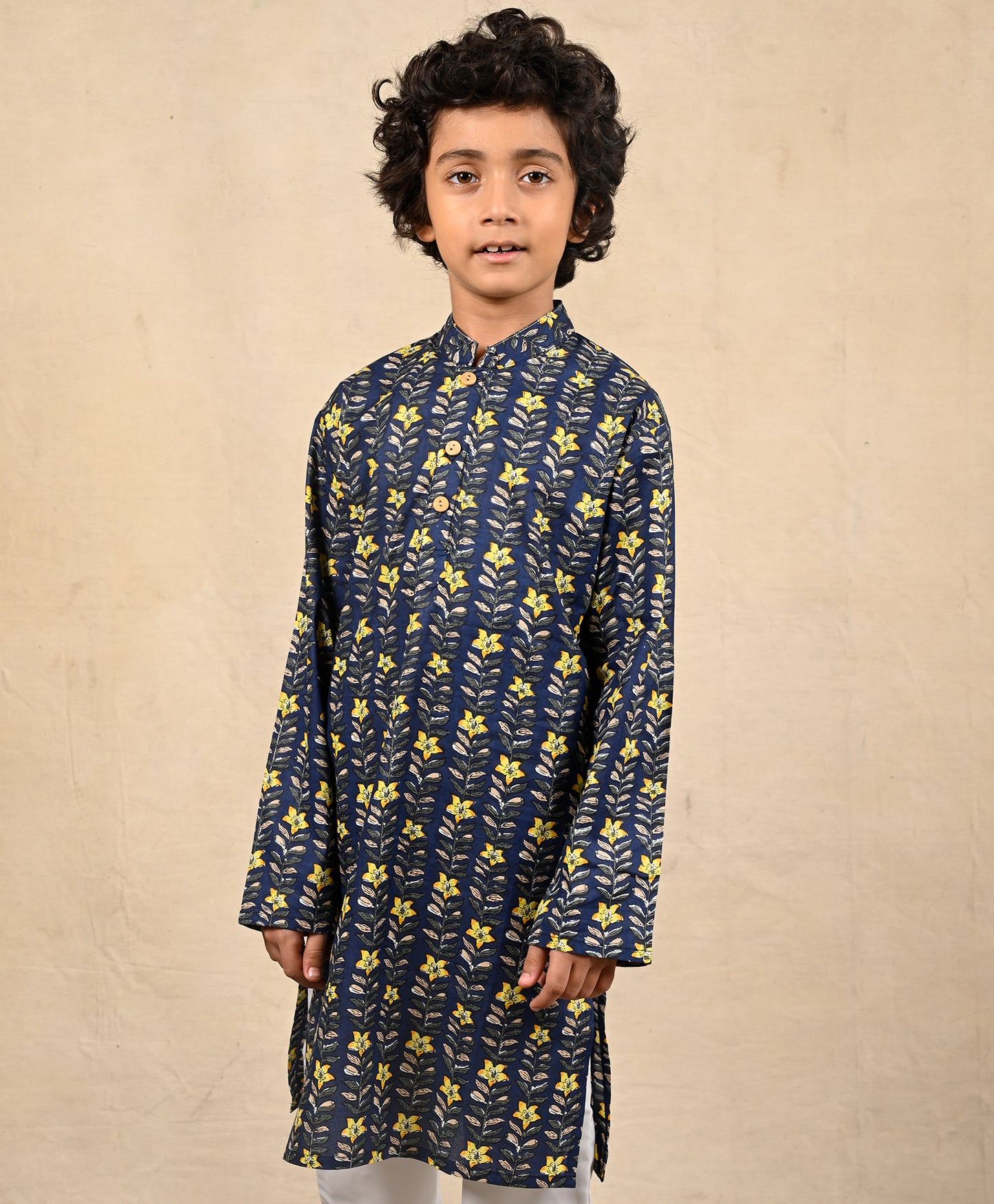 FESTIVE BLUE FLORAL PRINT PURE COTTON KURTA - BLUE